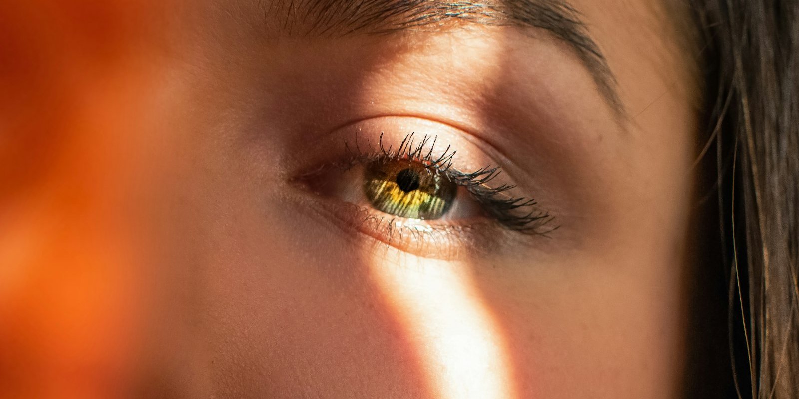 A close portrait of a woman’s face lit by a shaft of warm daylight.