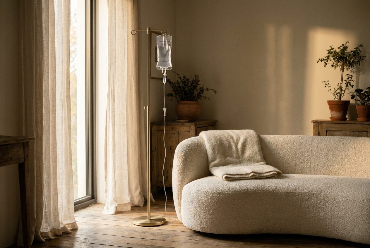 An infusion lounge: a low chair, a folded throw and a side table in warm, low light.